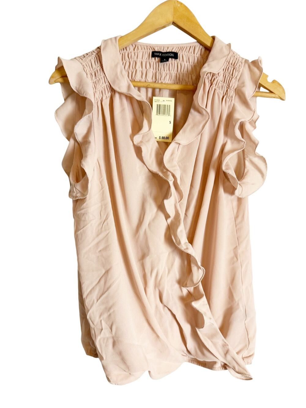 Max Edition Blush Pink Surplice V-Neck Smocked Ruffled Preppy Blouse Size Small